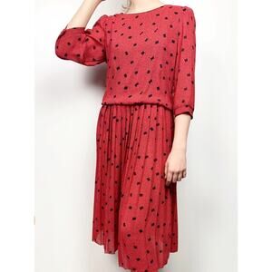 Vintage Alison Peters Dress Size 12 Red Black Pleated Midi Spotted Polka Dot